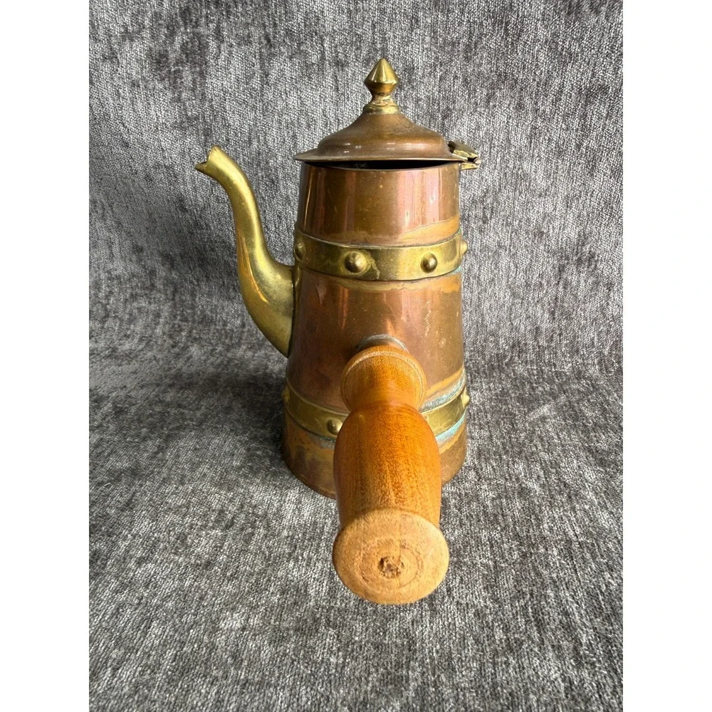 Vintage Handcrafted Mexican Copper Brass Coffee Pot Pitcher Wood Handle 7.5